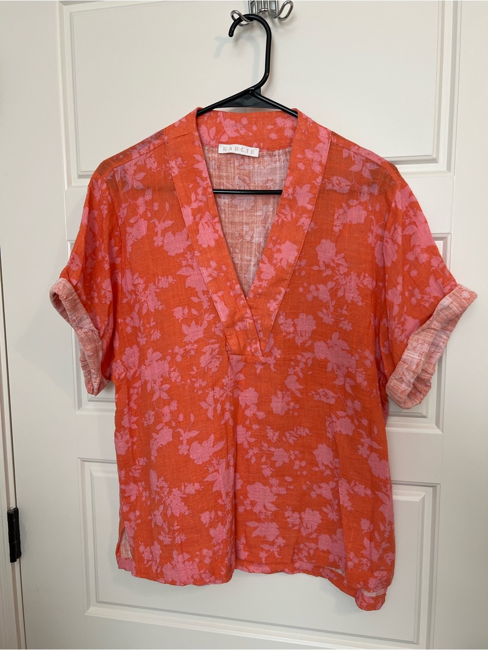 Karlie Coral-Red Floral V-Neck Blouse